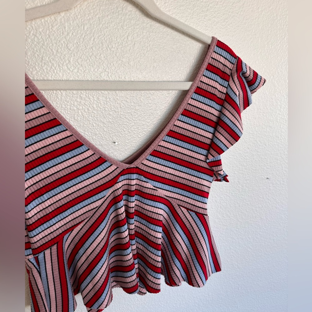 Striped V-Neck Ruffle Sleeve Top - Picture 4 of 7
